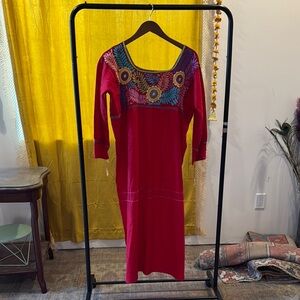 Red linen boho embroidered dress